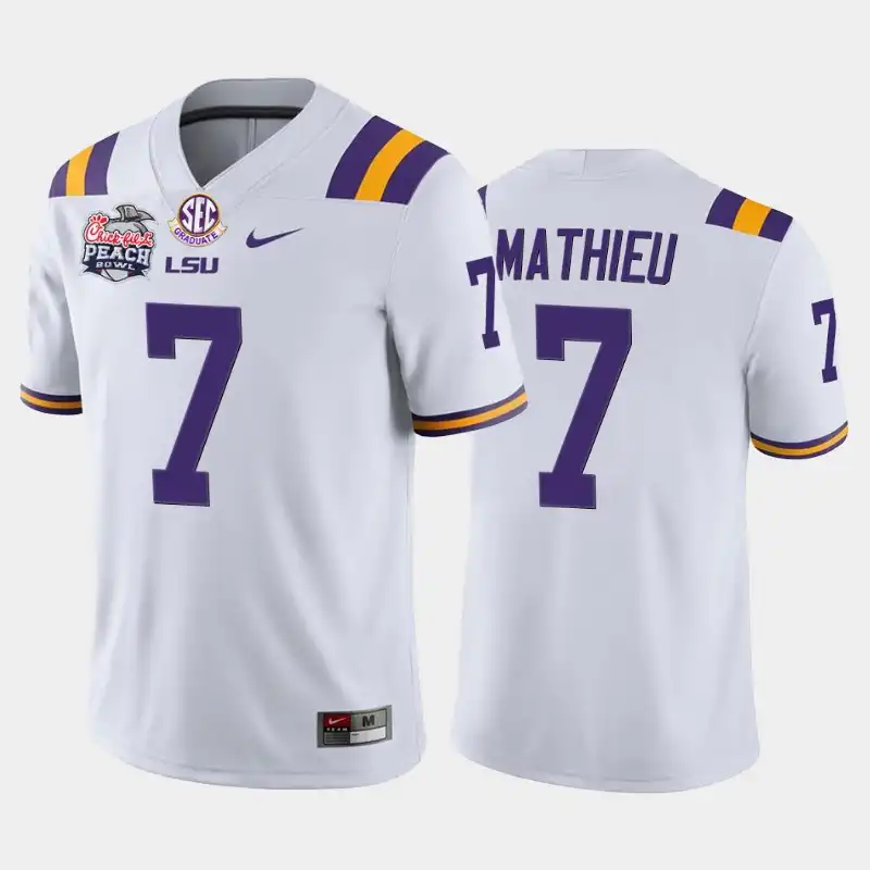 Men's LSU Tigers Tyrann Mathieu #7 2019-20 White Peach Bowl Champions Home NCAA Football Jersey